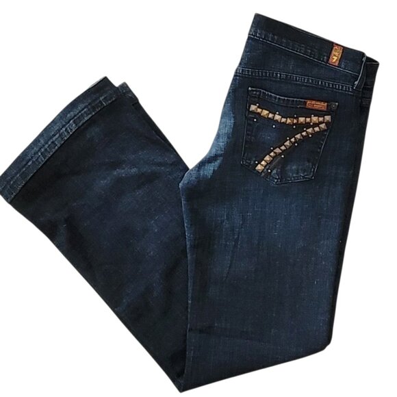 7 For All Mankind DOJO Dark Wash Flare Leg Jeans with Gold Studded Pockets Sz 30 - Picture 6 of 16